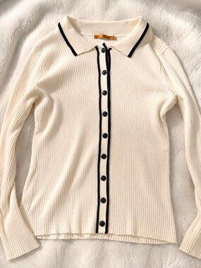 Belldini Cream Ribbed Knit Collared Button Front Top Old Money Preppy L